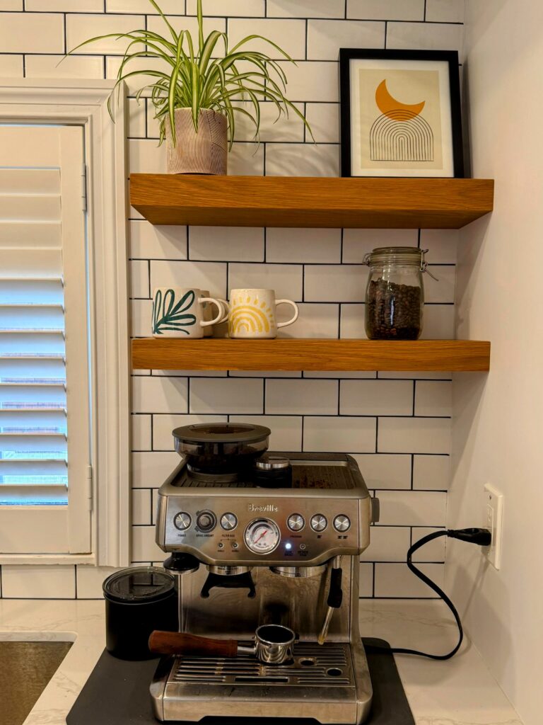 Toronto custom carpentry built in floating shelves coffee bar